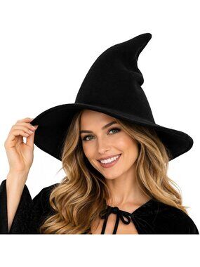 🎃Women's Black Spire Cap Party Masquerade Cosplay Wool Hats Wide Brim Witch Hat